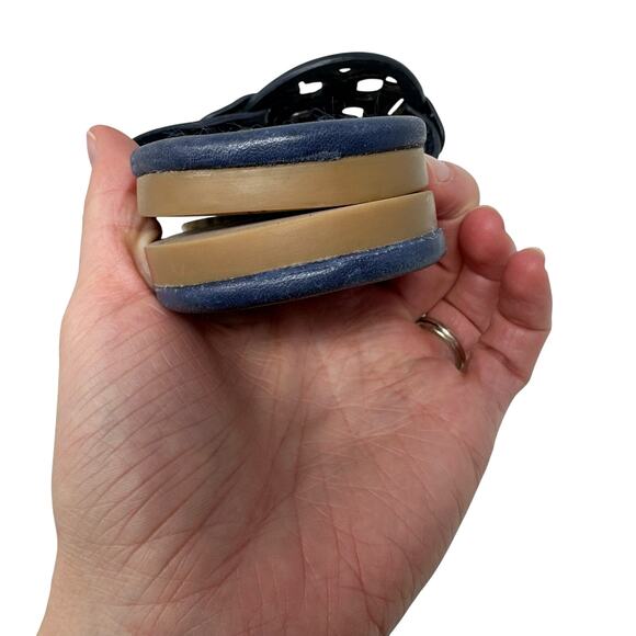 TORY BURCH Navy Blue Rainbow Stripe Miller Logo Patent Leather Sandals Size 7 - Picture 8 of 8